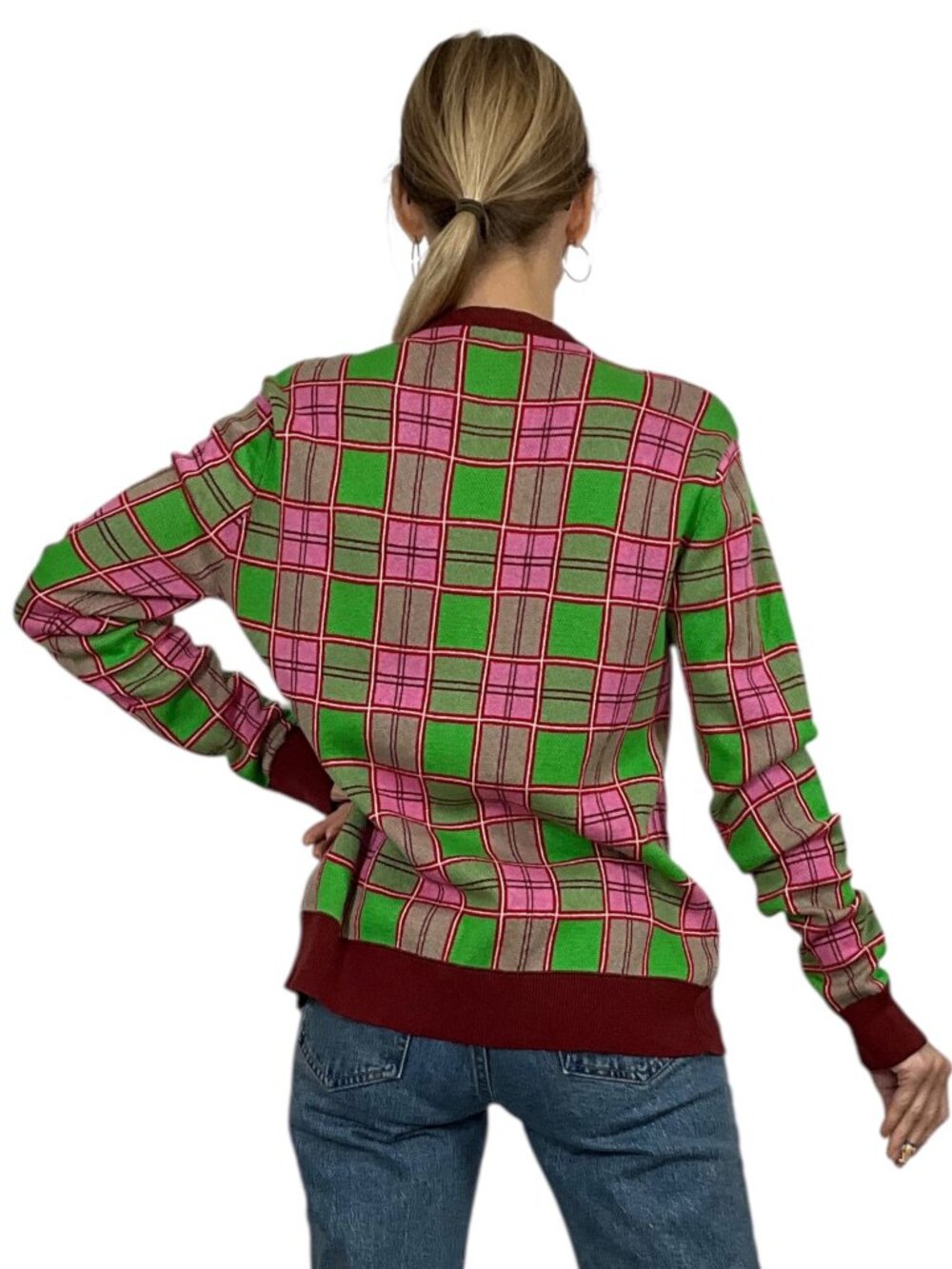 Molly Goddard Emma Cardigan Sweater M Pink Green Tartan Plaid Combed Cotton - Picture 3 of 16
